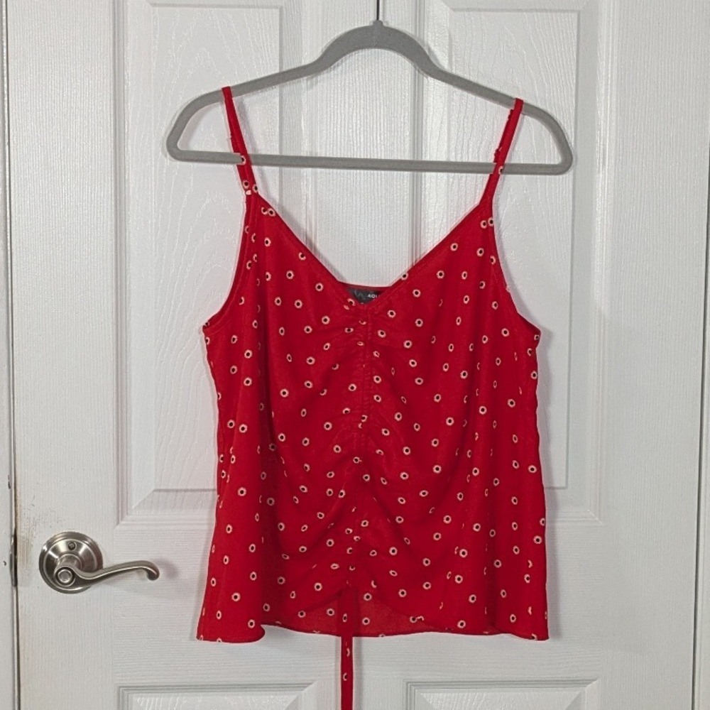 Aqua Red Floral Dot Adjustable Ruching Tie‎ Front Camisole Blouse Size M